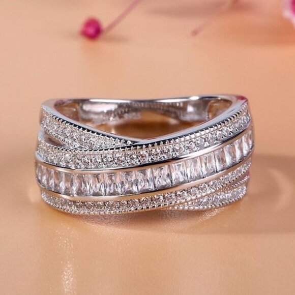 A Fine Cross Stacked Ring Of CZ Bling Silver Ring for Women, HA4653 - Picture 1 of 3
